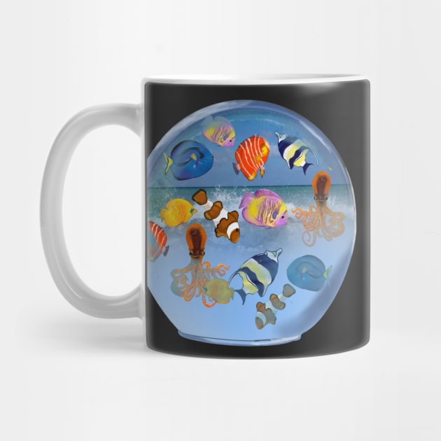 Aquarium Globe - Octopus squid and friends  tropical Coral reef fish rainbow coloured / colored   fish and octopus swimming under the sea by Artonmytee